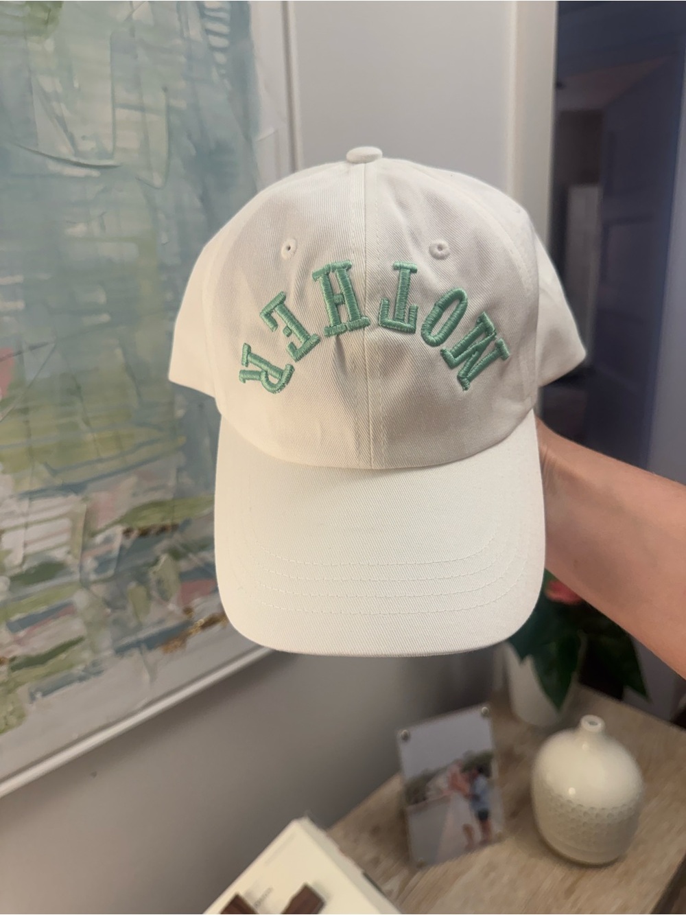 The Classics White Baseball Cap with Mint Green Embroidery “Mother”